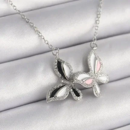 Çelik Zirkon Taşlı Kelebek Kolye (Gümüş Renk)